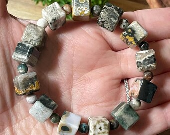 8th Vein Ocean Jasper Cube Beaded Bracelet, Orbicular Ocean Jasper old stock collectors edition Colorful 10mm & 5mm beads, #32