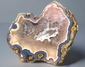 Lavender Pink Laguna Agate Natural Heart Nodule - Mirror Polished Front with Stunning Quartz,  Collectors Rare México agate