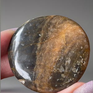 May include: A polished, round gemstone with a mix of brown, gold, and gray tones. The stone has a smooth surface with natural patterns and veining. The gemstone is held between two fingers.