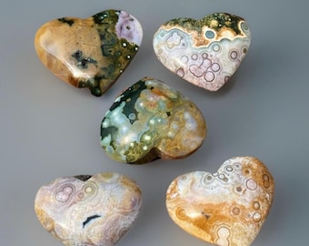 Ocean Jasper Blue - Yellow - Green - Pink Heart , Madagascar Ocean Jasper , Orbicular Jasper Carving , Orb Ocean Jasper