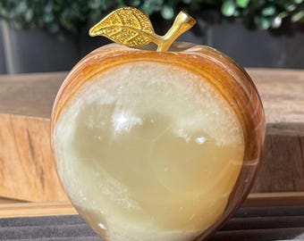 Green Banded Onyx XXL Handcarved Crystal Apple, Natural Stone Fruit for Home Decor
