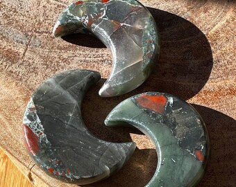 Bloodstone Moon Crystal Carving, Chalcedony Green Jasper Hematite Crescent Moon