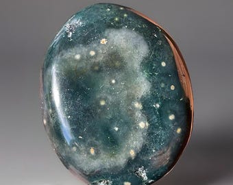 Ocean Jasper Palmstone, Marovato Vein Pocket Stone, Madagascar Orbicular Jasper, Green Floral orb Pattern, Collectible Crystal (408)