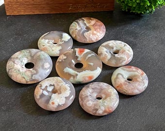 Flower Agate Donut Carving, Jelly Green & Pink Flower Agate Circle Pendant