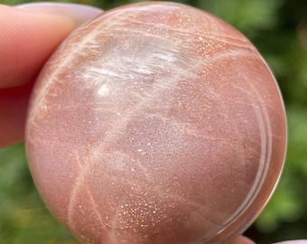 Peach Caramel Sunstone Sphere with Full Golden Confetti & Silver Chatoyant Flash,  Sunstone Moonstone Crystal Ball ( 458)