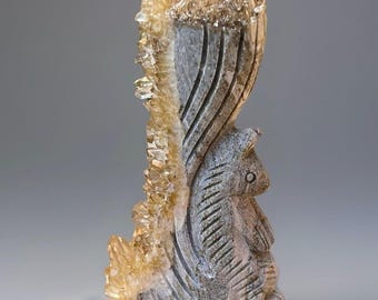 Citrine Cluster Hand carved Squirrel Figurine, Cute Animal Carving Sculpture, Natural Stone Home Decor