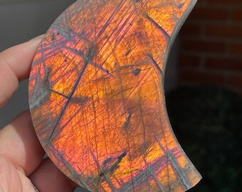 Labradorite Statement Moon with Amazing Sunset Orange Pink Flash