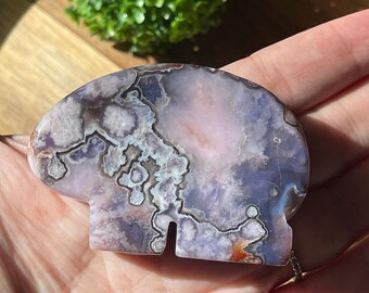Blue Lavender Pink Flower Agate Bear, Crystal Zuni Style Bear Carving, Spirit Animal Gift