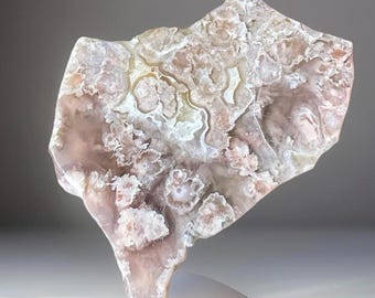 Flower Agate Slab with Pink flowers, HQ Natural Agate with translucency, Unique Rocks for Display and Home Decoration
