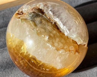 Golden Fluorite with Mica & Chalcedony Sphere – Natural Mineral Specimen, Collector Display Crystal, Polished Gemstone Ball