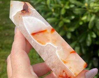 White Carnelian Agate with Quartz XLarge Tower: Creamy White and Soft Orange Crystal Point (497)