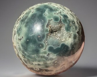 Orbicular Ocean Jasper Sphere with Black Marion quartz & Sugar Druzy • 7th Vein Green Ocean Jasper • Collector’s Black Flower Ocean Jasper