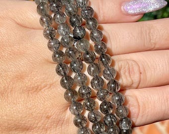 Black Tourmaline in Quartz Bracelet - Stretchy 6mm, Gemmy Tourmaline Quartz Beaded bracelet, Collector’s edition handmade Unique Jewelry