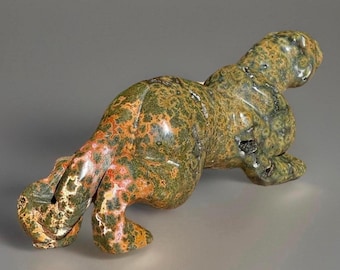 Orbicular Ocean Jasper Leopard with Marion Quartz and Orange Pink Flowers, Rare Find Hand carved Animal Figurine, Statement Carving #7