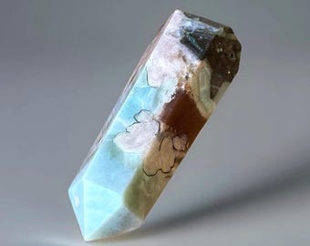 Green Flower Agate Tower with Pink Flowers, Turquoise Green Flower Agate Crystal Point