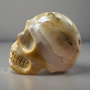 May include: A carved skull sculpture in shades of beige, tan, and light brown. The skull is highly detailed, with visible teeth and eye sockets. The polished surface reflects light, highlighting the natural variations in the stone.