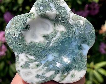 Moss Agate & Chalcedony Large Flower Crystal Tray, Natural Stone Trinket Dish, Earthy Home Decor
