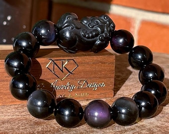 Rainbow Obsidian Pixiu Bracelet - 14mm Beads, Stretch gemstone bracelet, Black Obsidian bracelet, Unique Handmade Jewelry