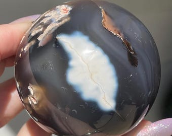 Orca Agate Sphere with Dendritic inclusions and White Feather: 63 mm Black White Agate Crystal Ball (459)