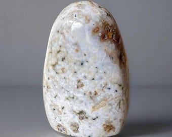 Ocean Jasper Freeform, Creamy White Soft Blue Jelly Orb Jasper, Polished Madagascar Crystal (459)