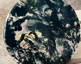Moss Agate Cookie Flat: Translucent Scenic Crystal Disk, Polished Gemstone Pocket Round Stone (458)