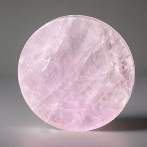 May include: A round, polished rose quartz stone. The stone is a soft pink color with natural veining and a smooth surface. The shape is a perfect circle, ideal for meditation or display.