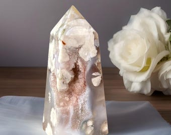 Pink Amethyst Flower Agate Tower, Jelly Flower agate Point, Unique Natural Agate Obelisk