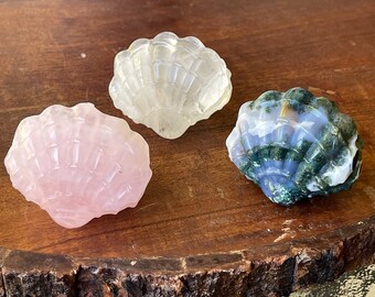 Crystal Seashell Large Carving , Blue Moss Agate shell , Rose Quartz shell
