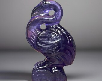 Hand-Carved Purple Fluorite Flamingo Figurine – Unique Crystal Bird Sculpture for Collectors