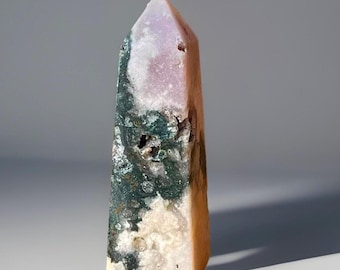 Pink Amethyst & Green Jasper Crystal Tower, Unique Crystal Point, Natural Stone Home Decor, Crystal Obelisk for Grids