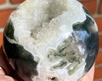 Moss Agate Druzy Cluster Statement Sphere