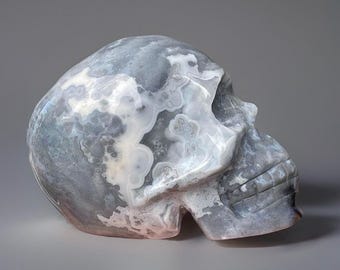 Orbicular Ocean Jasper Large Skull, Madagascar Blue ocean Jasper, AAA Collectors Jasper Carvings