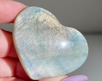 Moonstone Heart, Blue Flash Sage Green Moonstone, Crystal Heart