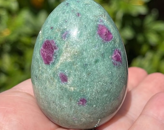 Ruby Fuchsite Crystal Egg Decor, Polished Red and Green Gemstone Carving, Spiritual Alter Display, Unique Crystal Gift for Collectors