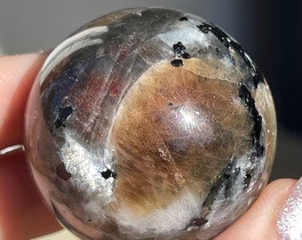 Rainbow Black Moonstone with Arusha Sunstone Black Tourmaline Mica and Confetti Flash Sphere , AAA Grade Crystal HQ Incredible Rare Crystal