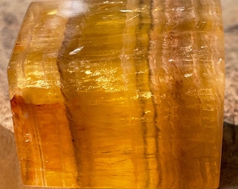 Orange Natural Fluorite Cube - Unique XL Crystal Block with Banding