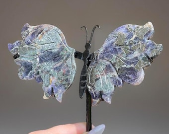 Iolite Sunstone & Hematite Butterfly Wings on a Custom Black Stand, AAA Confetti Iolite, High Quality Minerals, Whimsical Home Decor