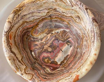 Banded Calcite Bowl 5lb 13oz , XXL Mexican Onyx Natural Stone Decorative Vessel, Pink Caramel Stone Dish, Natural Stone for Home Decor