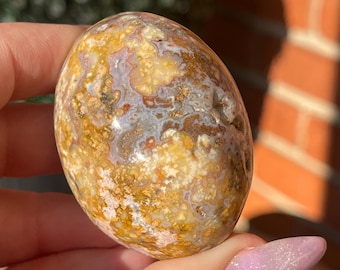 Ocean Jasper Chunky Egg, Polished Madagascar Jasper with Pink Orange Yellow Flowers, Orbicular Madagascar Carving (224)