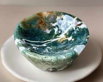 Moss Agate Crystal Bowl, Natural Stone Crystal Trinket Dish, Jewelry Storage