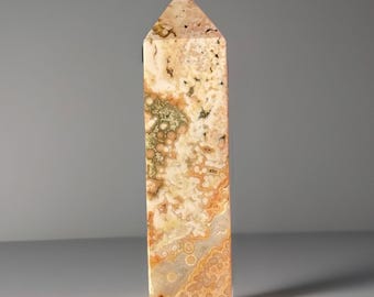 8th Vein Jelly Ocean Jasper Tower with Orange Bubbles and Green Quartz, Flower Druzy Ocean Orbicular Jasper Point AAA Madagascar