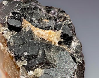 Black Rose Fluorite with Calcite Specimen, Iridescent Black Fluorite Mineral, Unique Collectors Fluorite UV Deep Pink Red Color - No.2