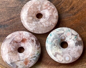 Flower Agate Donut, Pink Green flower Agate carved Crystal