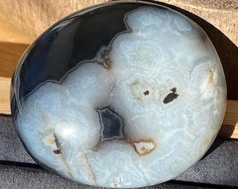 Black & White Banded Phantom Agate Crystal Palmstone, Unique Abstract Polished Rock (91)