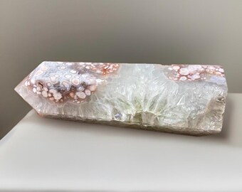 Prasiolite & Flower Agate Large Tower, Unique Pink Flower Agate Crystal, Green Amethyst Statement Point