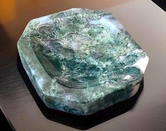 Moss Agate Large Crystal Tray, Natural Stone Trinket Dish, Earthy Home Decor