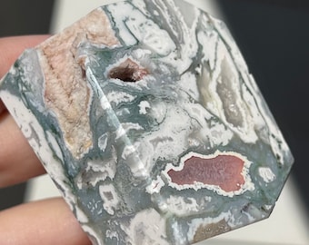 Pink Moss Agate Free Form with Morganite Color Druzy and Quartz, HQ Rare Moss Agate Crystals