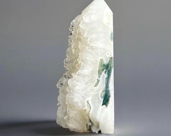Moss Agate Tower with a Unique Quartz Cluster, Natural Crystal Statement Tower