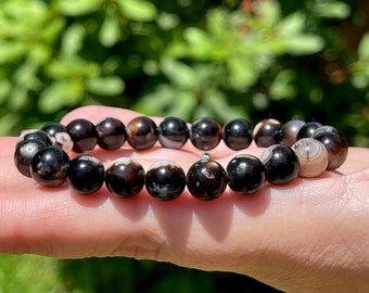 Black Flower Agate Beaded Bracelet - #93