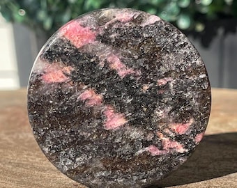 Natural Rhodonite in Quartz Matrix Polished Disk Stone, Pink Manganese Crystal with Dark Oxide Veins, Collector Mineral Round